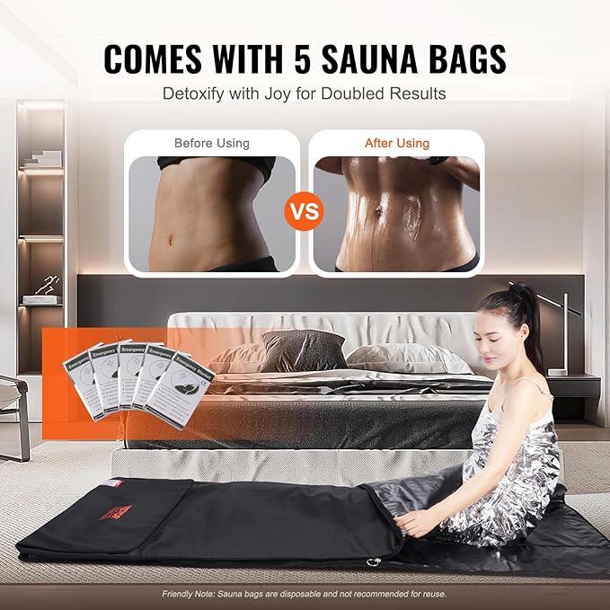 VEVOR Sauna Blanket for Detoxification, Portable Far Infrared Sauna for Home, PU Sauna Bag w/Therapy Stones & Carbon Fiber Heating, 1-6 Level Adjustable Temp 95-185℉, 1-60 Minutes Timer, 75 x 35in