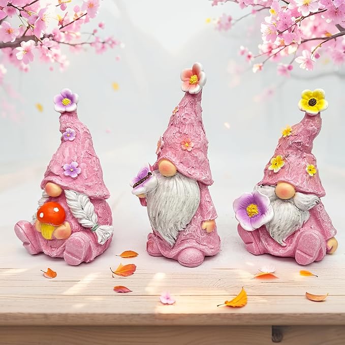 Gnome Decoration Figurine Outdoor Statue Resin 3pcs Flowers Spring Gnomes, Home Decoration Ornaments for Desktop Bookshelves Courtyard Garden Gift (Pink)