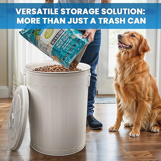 Plexon Large Metal Trash Can with Lid 20 Gallon, Decorative Outdoor Trash Can, Heavy Duty Galvanized Metal Bucket with Lid for Kitchen Garage Farmhouse, Beige