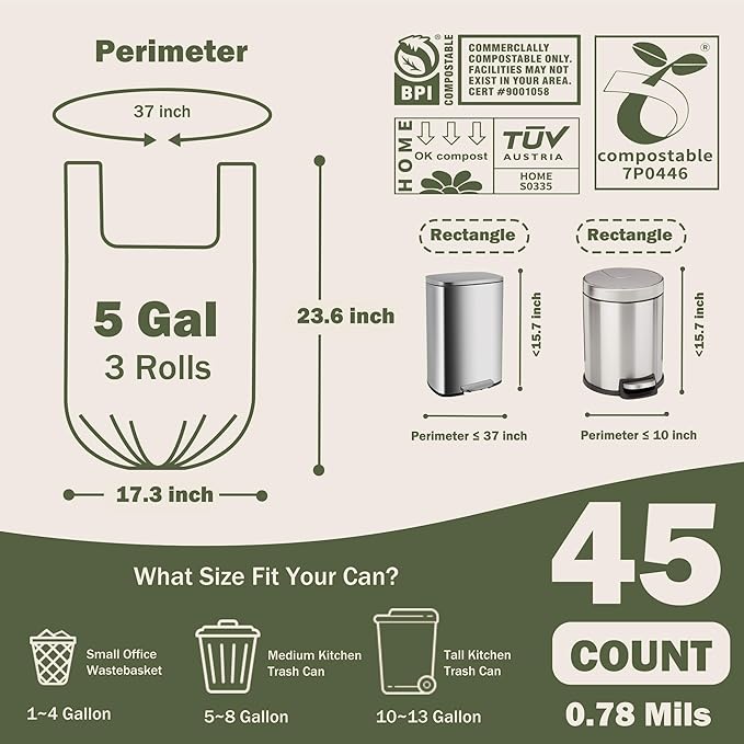 Compost Bags 4-5 Gallon with Handles Tie Extra Thick 0.78 Mils Wastebasket Liners Bags for Kitchen Bathroom Office US BPI ASTM D6400 and Europe OK Compost Home Certified