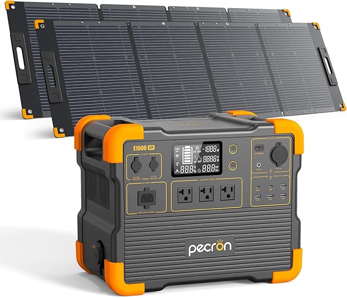 pecron E1500LFP Solar Generator with 2x300W Solar Panels,1536Wh/2200W Portable Power Station LiFePO4 Battery Backup for Home Use, Camping, RV