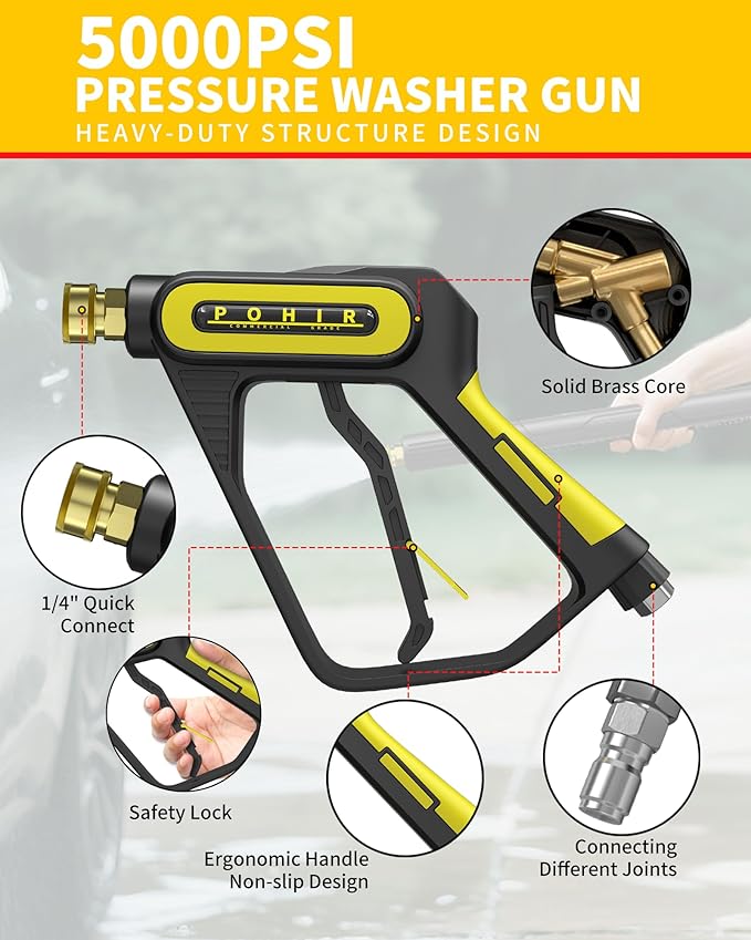 POHIR 5000 PSI Pressure Washer Gun with Cannon, Power Washer Sprayer with Dual Adjustable Foam Lance,1/4" Quick Connector with Nozzle Tips (Gun+Foam Cannon+Dual Connector+Nozzle)