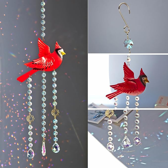 Red Cardinal Suncatcher - Cardinal Gifts for Women, Glass Sun Catchers Indoor Window Hanging Decor with Rainbow Prism, Colorful Memorial Gift for Home Garden, Christmas Valentine Mother's Day
