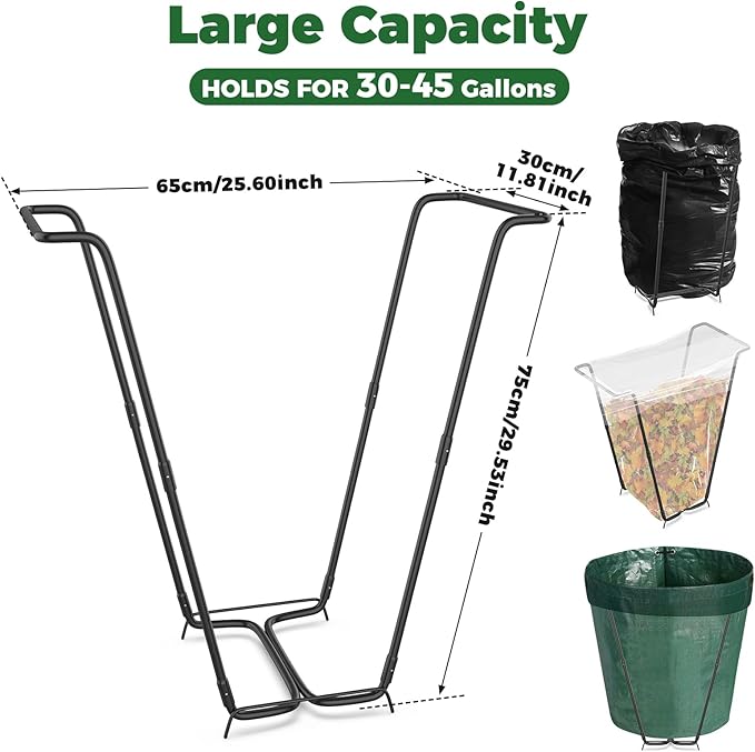 2PCS Outdoor Trash Bag Holder Metal Garden Trash Bag Holder for Yard Waste Stand Holds 30-45 Gallons Leaf Bag Holder with 4 Clips for Leaves Camping Lawn Party Weeding Yard Gardening（2pcs+8clips）