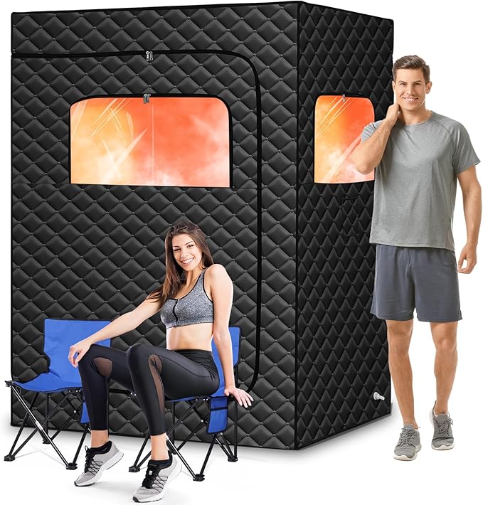 Upgraded 2 Person Portable Sauna, Portable Steam Sauna for Home, Personal Sauna Box Full Body with 1000W 2.6L Steam Generator, 99 Minute Timer, 2 Folding Chairs, Remote Control Included(Black)