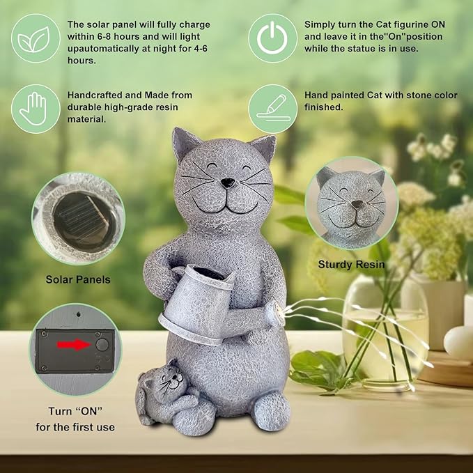 Solar Cat Outdoor Statue and Figurine Lights, Loving Cat for Patio, Balcony, Yard, Lawn-Unique Housewarming Gift for Mom Grandma