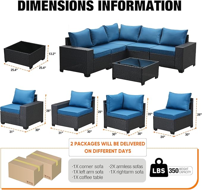 6 Pieces Patio Furniture Set All-Weather Outdoor Wicker Sectional Conversation Sofa Rattan Patio Seating Sofa with Cushion and Glass Table for Porch Poolside,Peacock Blue