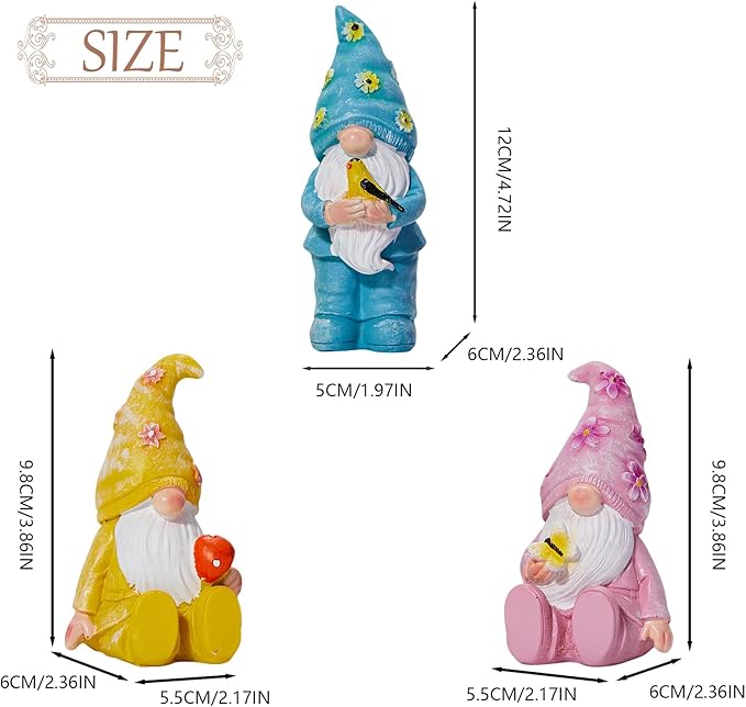 Artpaul 3 Pcs Gnomes Decorations Figurine Resin Statues,Cute Mushroom Bird Butterfly Gnomes for Home Table Shelf Gift Décor Accents (Multicolor)