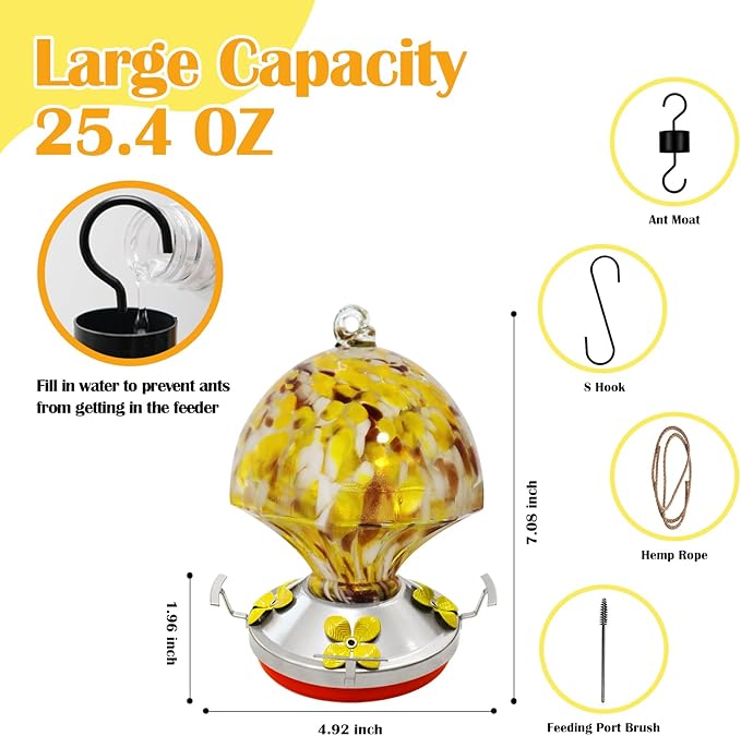 ruiyi itm Glass Hummingbird Feeder with Ant Moat 25.4 OZ Large Capacity Hand Blown Glass Yellow Hanging Bird Feeder for Backyard Garden Outdoors Decorations with S Hook Brus Gift for Bird Lovers