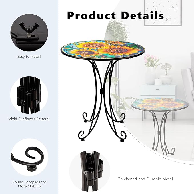 Sunflower Side Table Outdoor, 18 Inch Metal Accent Table, Indoor Small Round End Tables, Plant Stand Tables for Outside Yard Balcony Garden Bedside