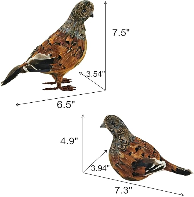 naturevibe 7.5 Inches Feathered Quail Set of 2 Fall Decorations,Artificial Woodland Animals Fall Figurines with Natural Feather as Centerpiece Table Decorations or Autumn Harvest Decor