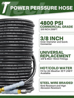 3/8" 4800PSI Pressure Washer Hose 200FT with Swivel Quick Connect for Cold/Hot Water Max 248°F, Kink Resistant Steel Wire Braided, Wear Resistant Power Washer Hose with M22 14mm Adapter