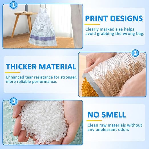 OKKEAI 3 Gallon Drawstring Trash Bags, White Small Bathroom Garbage Bags – 90 Count Tear-Free, Heavy Duty Printed Liners, Leak-Proof White Trash Bag for Kitchen, Office, Multipurpose Use