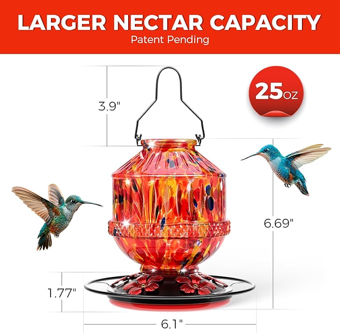 Blown Glass Hummingbird Feeders for Outdoors, 25 Ounces Wild Bird Nectar Feeder with Perch & 5 Flower Feeding Ports Leak Proof Hanging for Garden Backyard Decor, Gifts for Women Mom, Sunrise Red