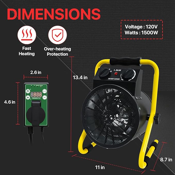 EAGLE PEAK 1500W Greenhouse Heater with Thermostat, Suitable for Greenhouse, Grow Tent, Garage, Cellar and RV Use, Water Resistant IPX 4 Rated, Overheat Protection, Radiant Heating, 1 Pack, Black