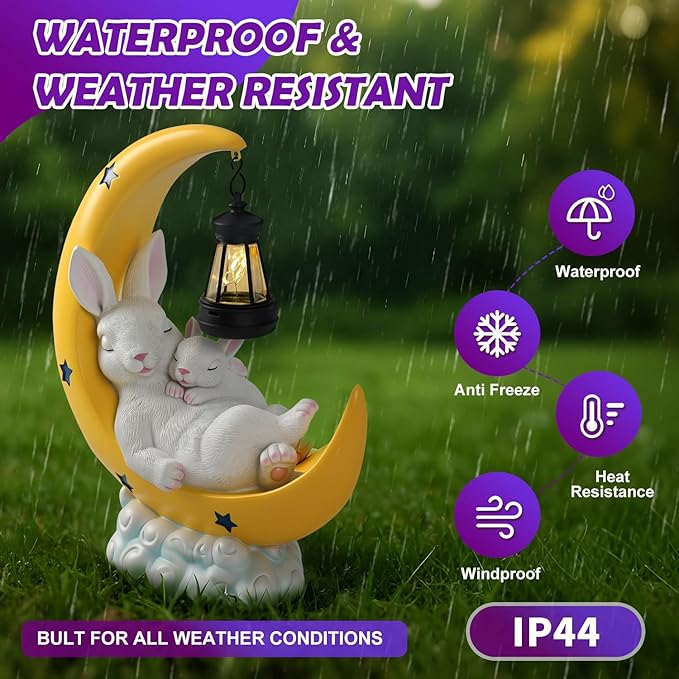 Solar Rabbit Garden Statues, Outdoor Bunny Decor, Resin Rabbit Figurine Lying on the Moon Cuddling a Baby Bunny with LED Lights for Porch Patio Lawn Yard Easter Housewarming Gardening Gifts for Mom