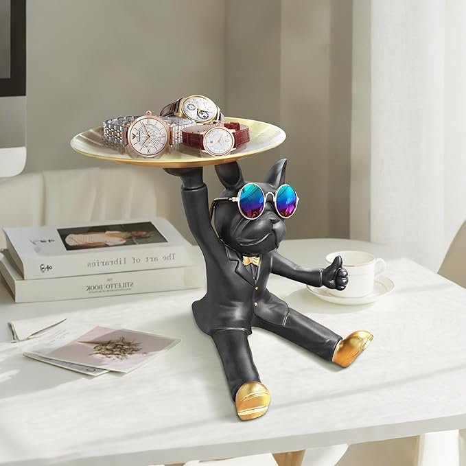 French Bulldog Tray Statue, Black Frenchie Sculpture with Gold Tray for Entrance Coffee Table Décor, Dog Key Holder Jewelry Trays