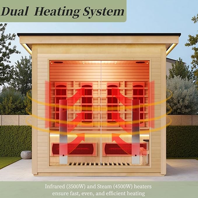 3-Person Far Infrared & Steam Dual-System Sauna Room, Outdoor Canadian Hemlock Wood Sauna, WiFi Control, Red Light Therapy, 11 Heaters& Electric Stove, Left Door, 220-240V