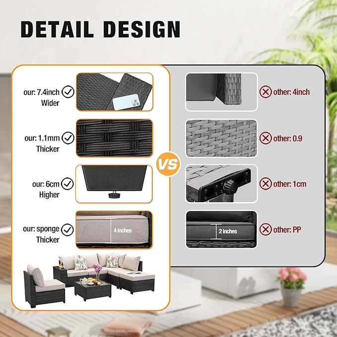 7 Pieces Patio Furniture Set All-Weather Outdoor Wicker Sectional Conversation Sofa Rattan Patio Seating Sofa with Cushion and Glass Table and Ottoman for Porch Poolside,Beige