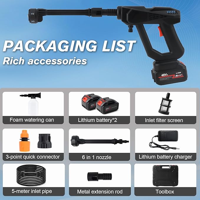 Portable Cordless Pressure Washer, Electric Pressure Washer Battery Powered with 2 Batteries & 6-in-1 Nozzle, 16FT Hose,Handheld Car Washer for Floor Wall Fence Cleaning Garden Watering