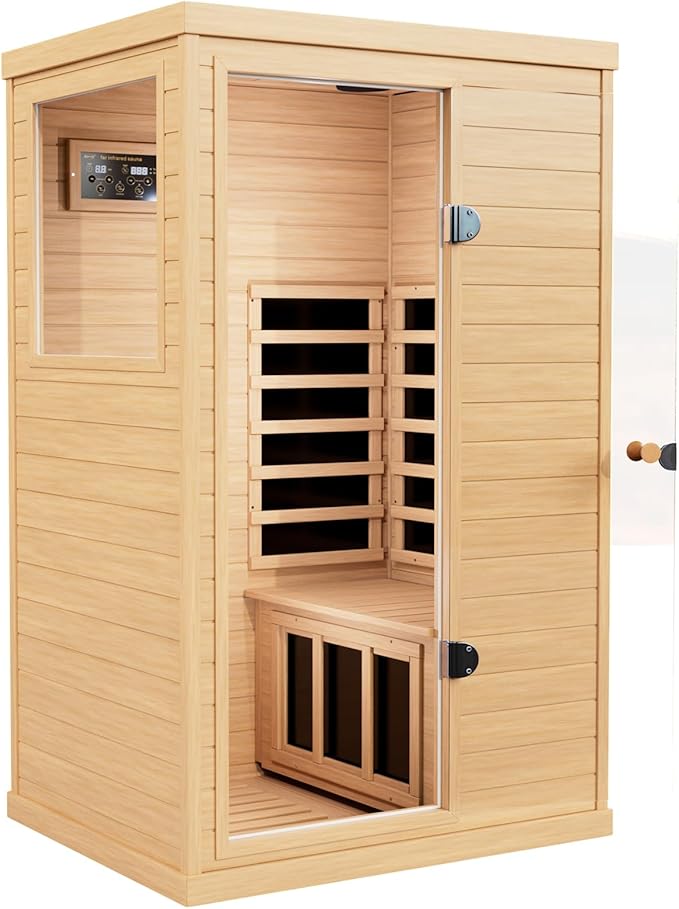 Infrared Wooden Sauna 1 Person Infrared Saunas for Home Dry Sauna for Home, Low Emf Infrared Sauna 1050W Indoor Saunas for the Home , Bluetooth Speakers, Reading Lamps, Room:63 * 28.74 * 36.61Inch