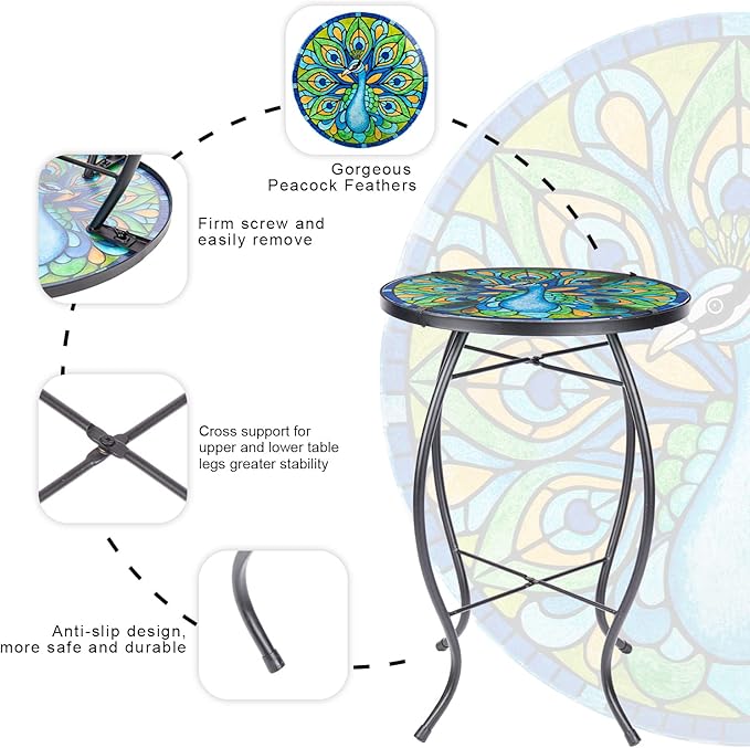 MUMTOP Outdoor Side Table - Small Mosaic Patio Tables, 14” Round Accent End Coffee Glass Plant Stand for Garden Living Room(Peacock)
