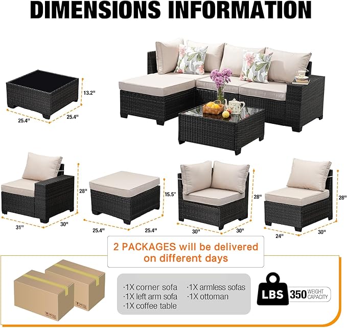 5 Pieces Patio Furniture Set All-Weather Outdoor Wicker Sectional Conversation Sofa Rattan Patio Seating Sofa with Cushion and Glass Table and Ottoman for Porch,Beige