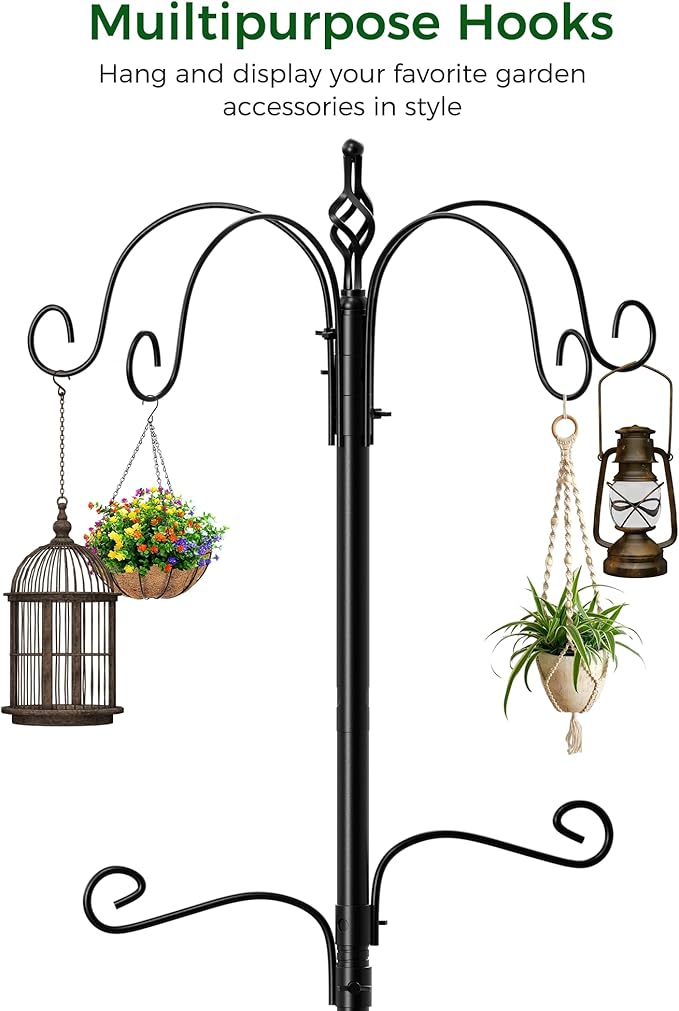 Bird Feeding Station, 94 Inch Wild Bird Feeders Pole with Wide Squirrel Baffle, 6-Hook, 4 Feeders, Water and Mesh Tray Humming Bird Feeders Stand for Outdoors Courtyards Gardens