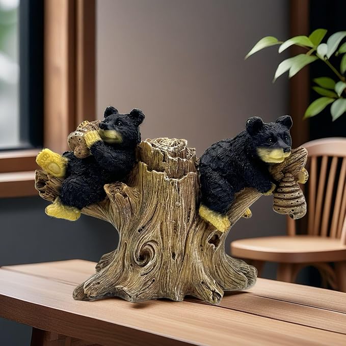 2 Black Bears on Branch Statue Figurine Sculpture Resin Collectible Gifts for Bear Lover Office Home Decor Desk Accessories Decoration Garden Figurines Outdoor Decor