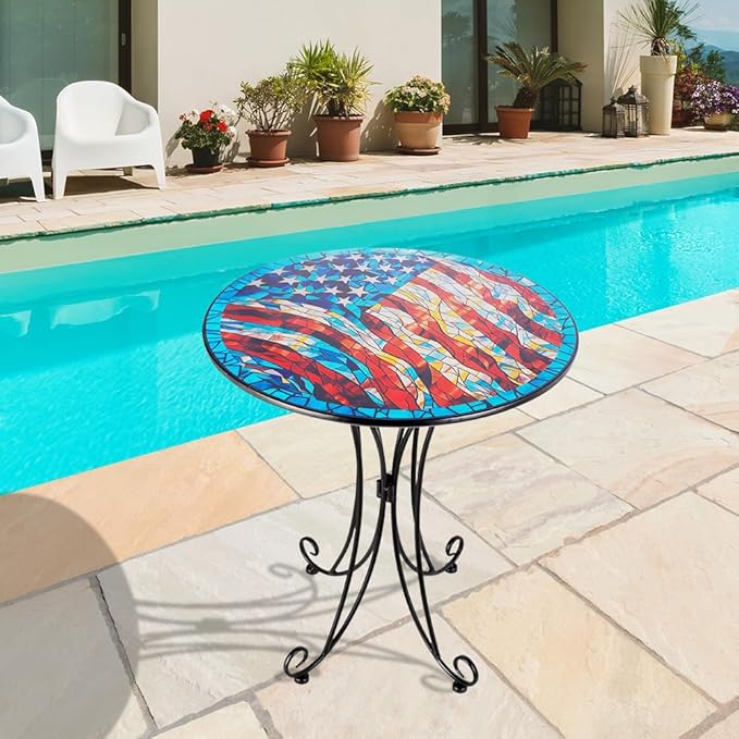 18" Outdoor Side Table, American Flag Metal Accent Table, Indoor Small Round End Tables, Plant Stand Tables for Outside Yard Balcony Garden Bedside
