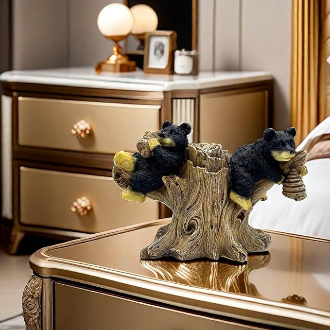 2 Black Bears on Branch Statue Figurine Sculpture Resin Collectible Gifts for Bear Lover Office Home Decor Desk Accessories Decoration Garden Figurines Outdoor Decor