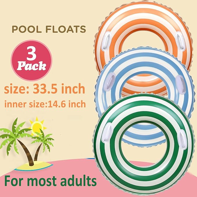 2 PCS Striped Pool Floats for Adults Swimming Rings Tube with Handles -Inflatable Pool Float Tube for Adults Pool Floats for The Beach, Party, Vacation