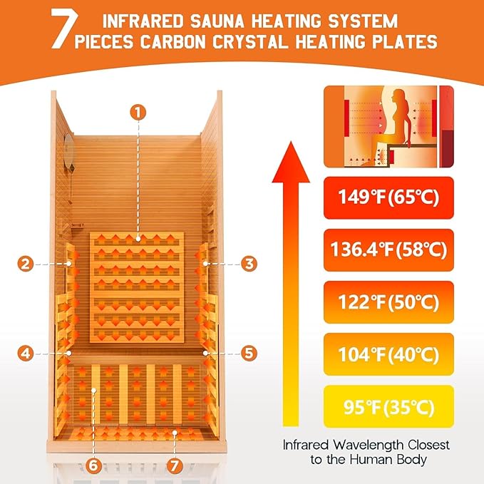 Albott Infrared Sauna 1 Person, Infrared Saunas for Home, 1260W/110V Hemlock Wood Dry Sauna with Foot Warmer, 7-Color Light Therapy, 2 Bluetooth Speakers & LCD Control Panel, 32.3"x32.3"x66.1"
