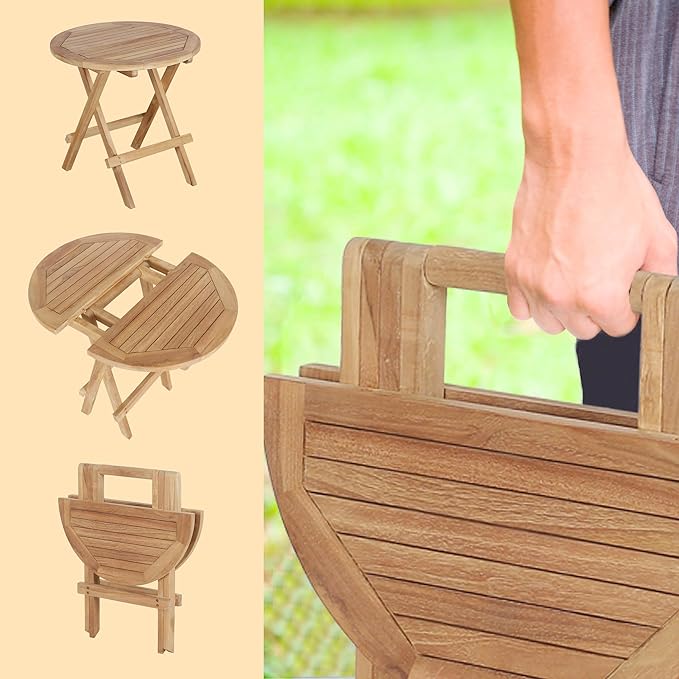 OTSUN Teak Outdoor Side Table,Patio Table with Adjustable Feet, Small Round Side Tables, Elegant Accent Outdoor Tables for Balcony Porch Poolside(Round Tables Folding)