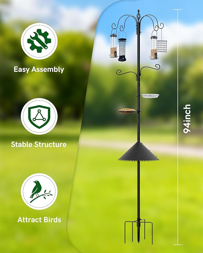 Bird Feeding Station, 94 Inch Wild Bird Feeders Pole with Wide Squirrel Baffle, 6-Hook, 4 Feeders, Water and Mesh Tray Humming Bird Feeders Stand for Outdoors Courtyards Gardens