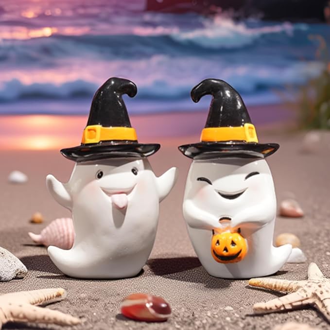 Halloween Decorations Ghost Statues Collectible-Figurines - Halloween Decor Indoor Cute Boo Ghost Sculpture Resin White Ghost With Black Hat Party Supplies Set of 2, 2.5*2*3.5 inch Newman House Studio