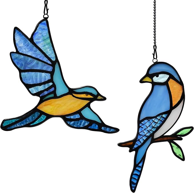 BOXCASA Blue Birds Decor Stained Glass Suncathers for Window,Stained Glass Bird Window Hanging,Birds Gifts for Bird Lovers,Birthday Gift for Women Mom Grandma