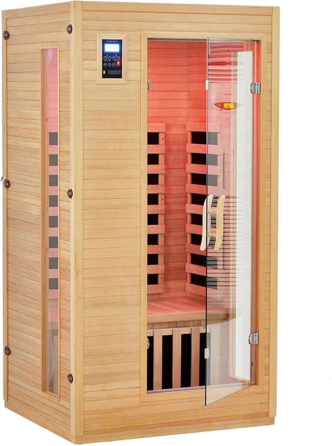 1 or 2 Person Sauna, Low EMF 6 Heating Plate Infrared Physical Therapy Wooden Dry Steam Sauna with MP3 Auxiliary Connection, Dual Controls, Iron Shirt Wall Plate, Home Spa Day Use, Winter Gift