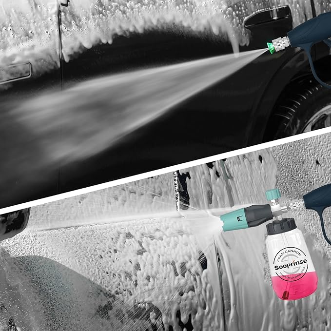 Sooprinse Short Pressure Washer Gun with Foam Cannon, High Pressure Washer Gun Snow Foam Lance with 1/4 Inch Quick Connector, 5 Nozzle Tips with Car Wash Mitt, 3000 PSI, 1 Liter