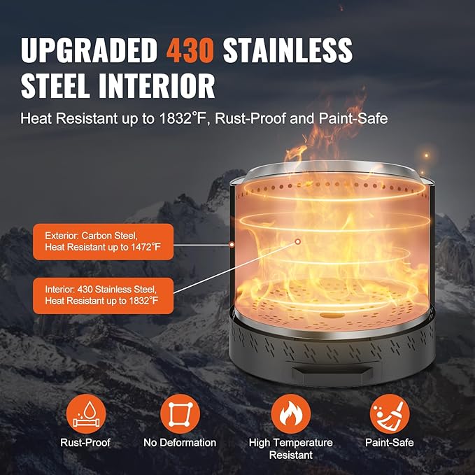 VEVOR 15.8 inch Smokeless Fire Pit Stove Bonfire, Wood Burning Fireplaces with Removable Ash Pan, SUS430 Stainless Steel Inner Portable Outdoor Firepit,for Outdoor Patio Camping High 15.4 inch