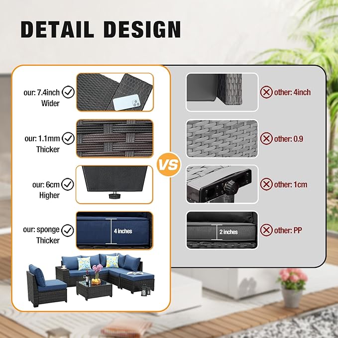 7 Pieces Patio Furniture Set All-Weather Outdoor Wicker Sectional Conversation Sofa Rattan Patio Seating Sofa with Cushion and Glass Table and Ottoman for Porch Poolside,Navy