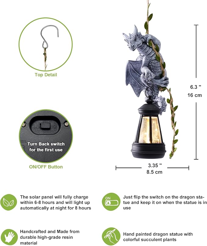 Nacome Dragon Outdoor Statues for Garden: Outside Hanging Climbing Sculptures with Lantern Decor for Yard Art Porch Balcony - Birthday Gifts for Grandma Mom Women