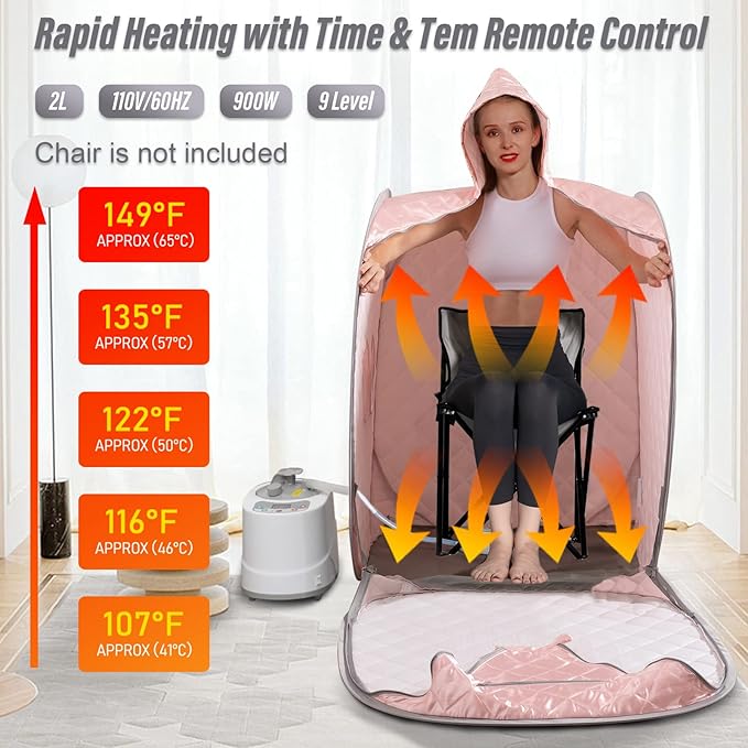 Smartmak Portable Sauna Kit, one Person Full Body at Home Spa Hat Tent, Include 2L Steamer with Remote Control for Detox US Plug- Pink