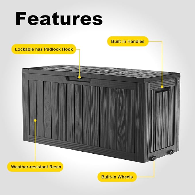 Outdoor Storage Box with Wheels – 85 Gallon Mobile Waterproof Resin Deck Box, Lockable Storage for Patio Cushions, Garden Tools, Pool Accessories – UV-Resistant Storage Bench for Backyard & Deck