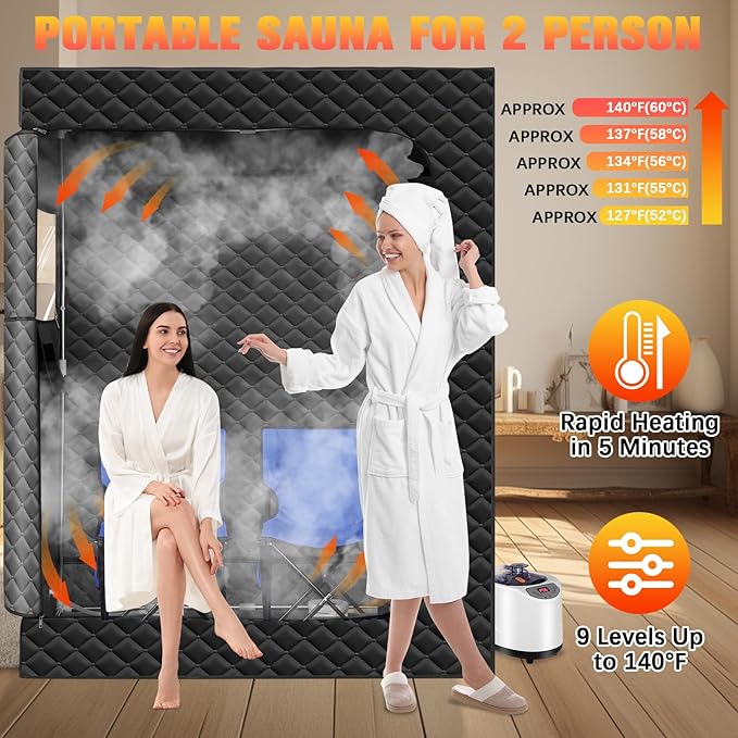 Upgraded 2 Person Portable Sauna, Portable Steam Sauna for Home, Personal Sauna Box Full Body with 1000W 2.6L Steam Generator, 99 Minute Timer, 2 Folding Chairs, Remote Control Included(Black)