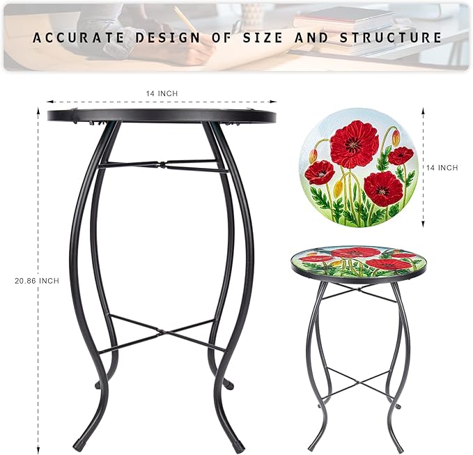 MUMTOP Outdoor Side Table - Small Mosaic Patio Tables, 14” Round Accent End Coffee Glass Plant Stand for Garden Living Room(Poppy)