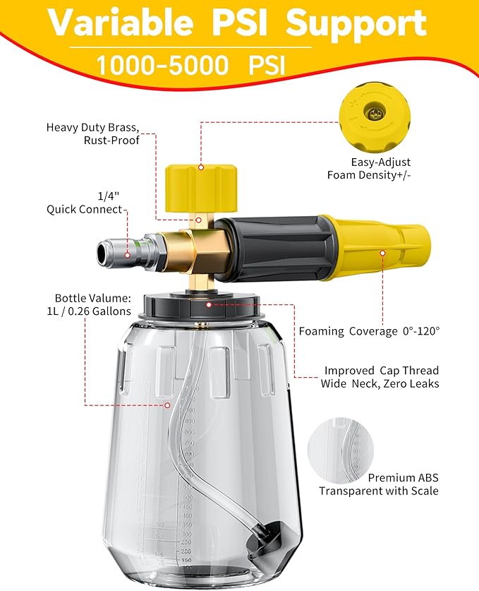 POHIR 5000 PSI Pressure Washer Gun with Cannon, Power Washer Sprayer with Dual Adjustable Foam Lance,1/4" Quick Connector with Nozzle Tips (Gun+Foam Cannon+Dual Connector+Nozzle)