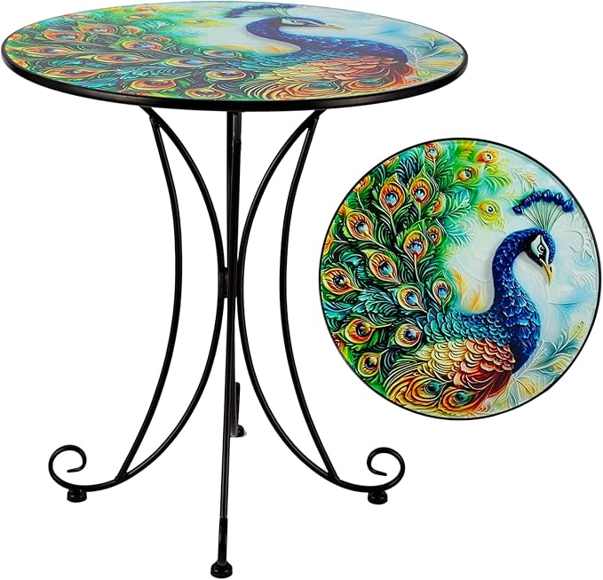 18 Inch Outdoor Side Table, Peacock Metal Accent Table, Indoor Small Round End Tables, Plant Stand Tables for Outside Yard Balcony Garden Bedside
