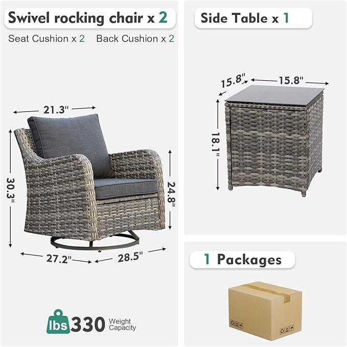 MEISSALIVVE 3 Pieces Patio Furniture Set, Outdoor Swivel Rocker with Washable Cushions & Tempered Glass Tabletop, Outdoor Rattan Conversation Set for Lawn Backyard Porch (Grey)