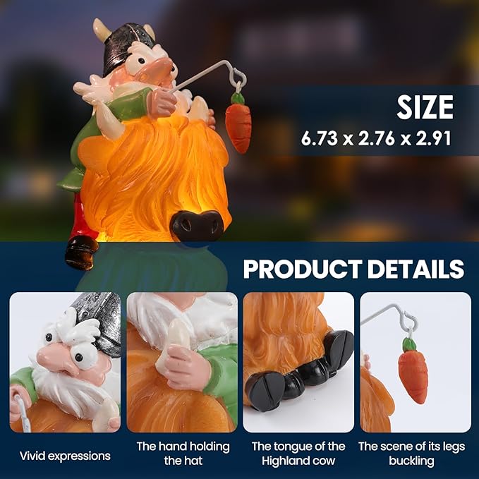 Garden Gnome Statue Highland Cow Gift,Yard Patio Balcony Outdoor Decor Solar Light Figurine, Christmas, Housewarming Gift,Idea Gift for Mom, Neighbor,Gnome Lover